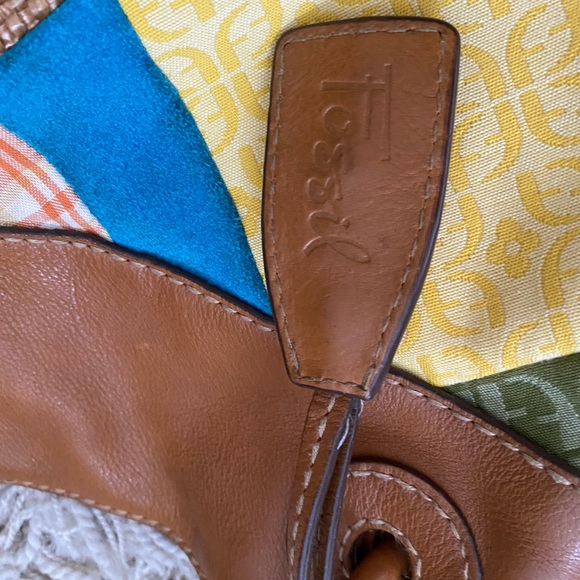 FOSSIL Large Leather Tote Vtg Patchwork Suede Canvas Boho Hobo Hippie - Picture 10 of 15